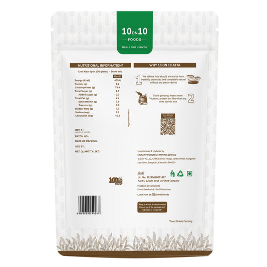 10on10 Foods Makki Atta pack back with nutrition information