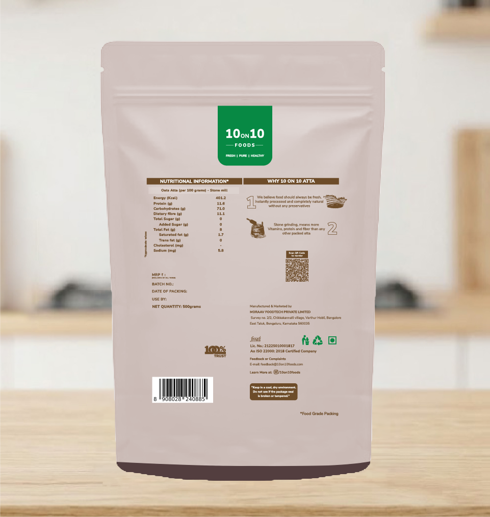 Back of pack: oats atta nutrition information per 100g