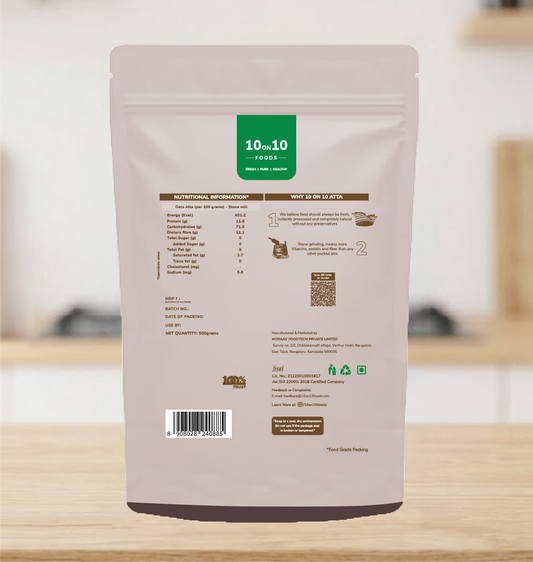 Back of pack: oats atta nutrition information per 100g