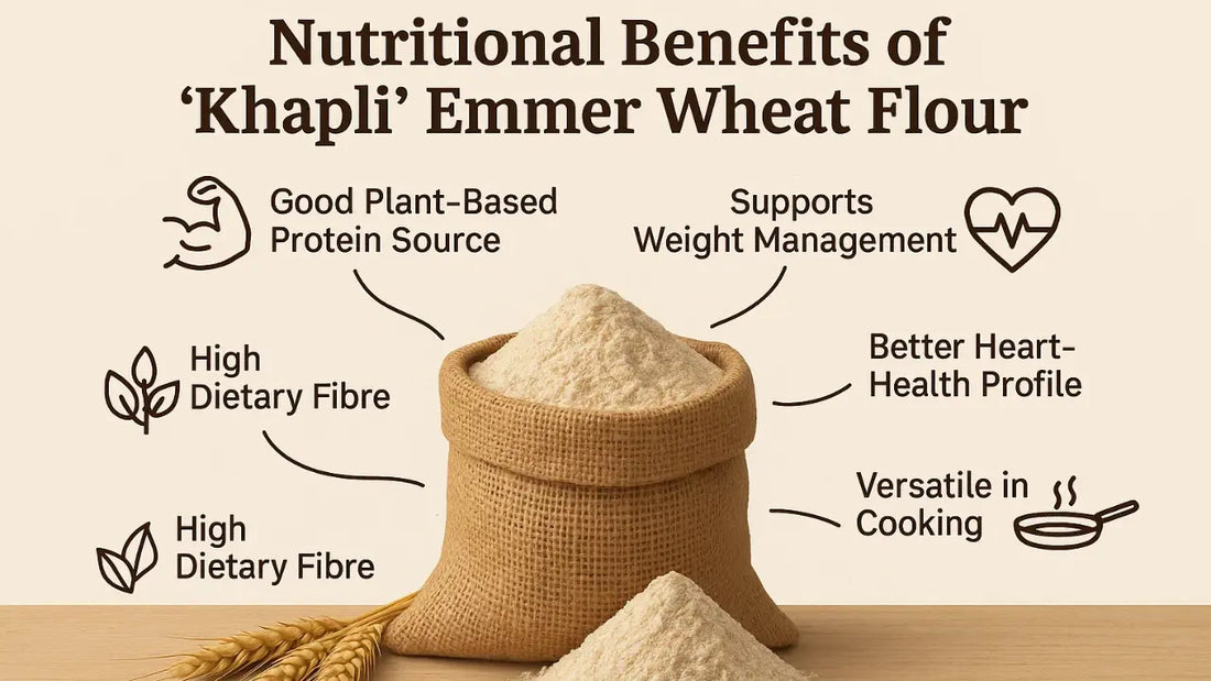 Khapli (emmer) wheat grains and stone-ground khapli atta