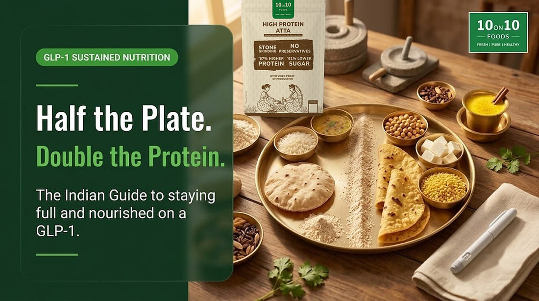 Half the plate, double the protein: a brass thali split by a line of atta with 10on10 High Protein Atta, an Indian guide to eating on a GLP-1