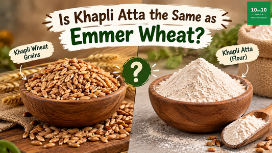Khapli wheat vs emmer wheat showing Khapli wheat grains and Khapli atta flour side by side