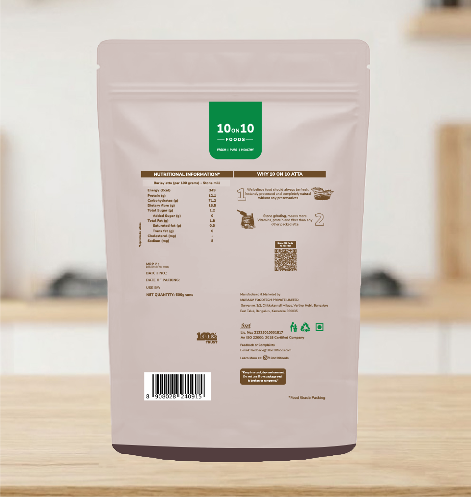 Back of pack: barley atta nutrition information per 100g