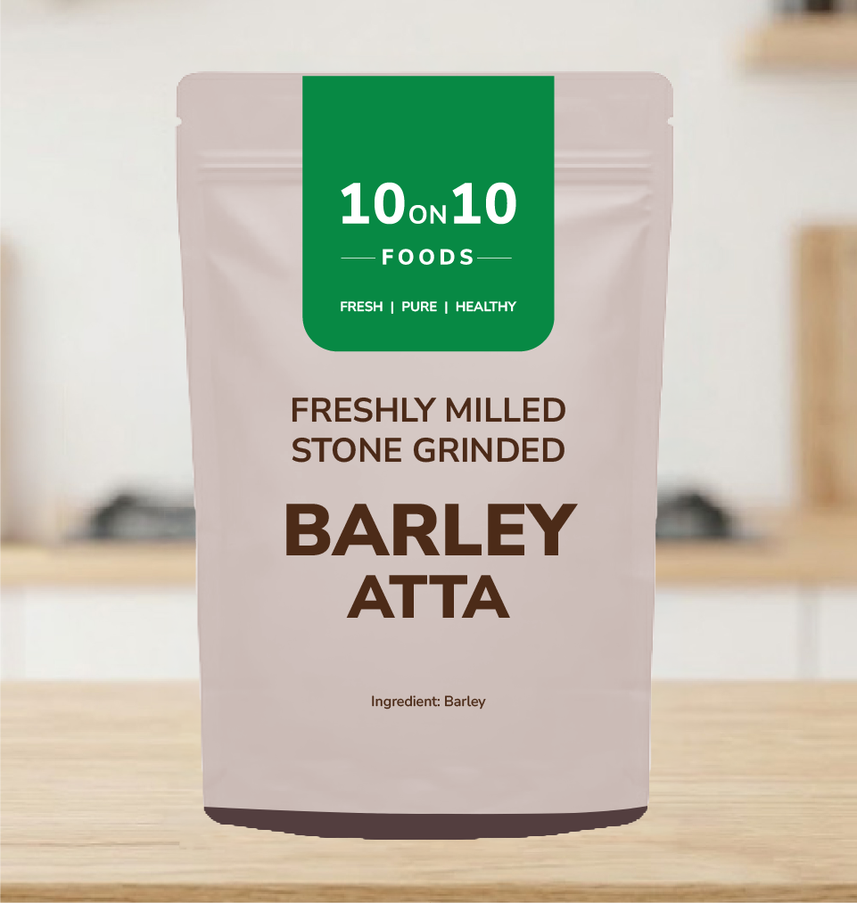 Front of 10on10 Foods Barley Atta (jau flour) 500g pack