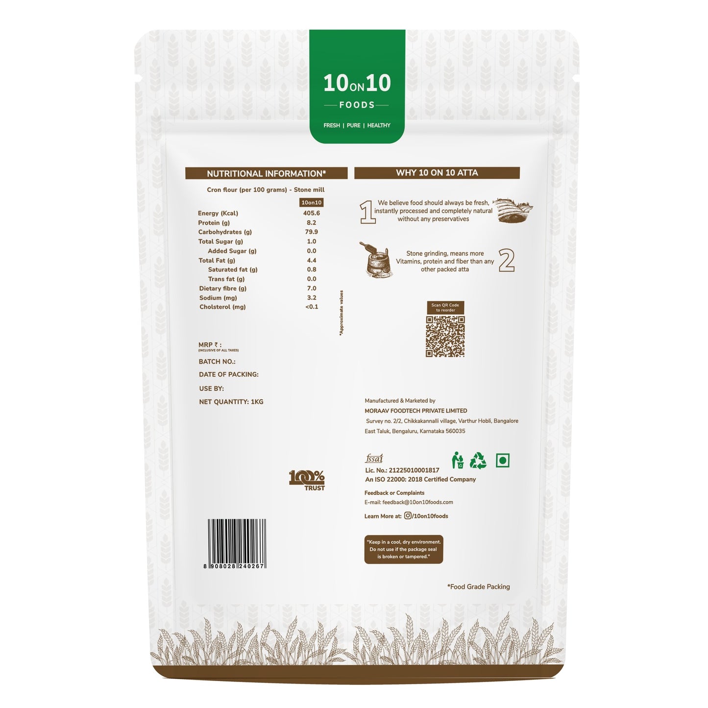 10on10 Foods Makki Atta pack back with nutrition information
