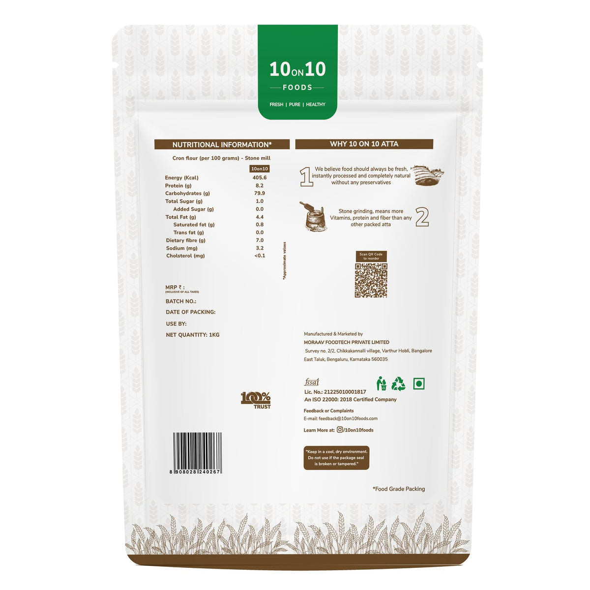 10on10 Foods Makki Atta pack back with nutrition information
