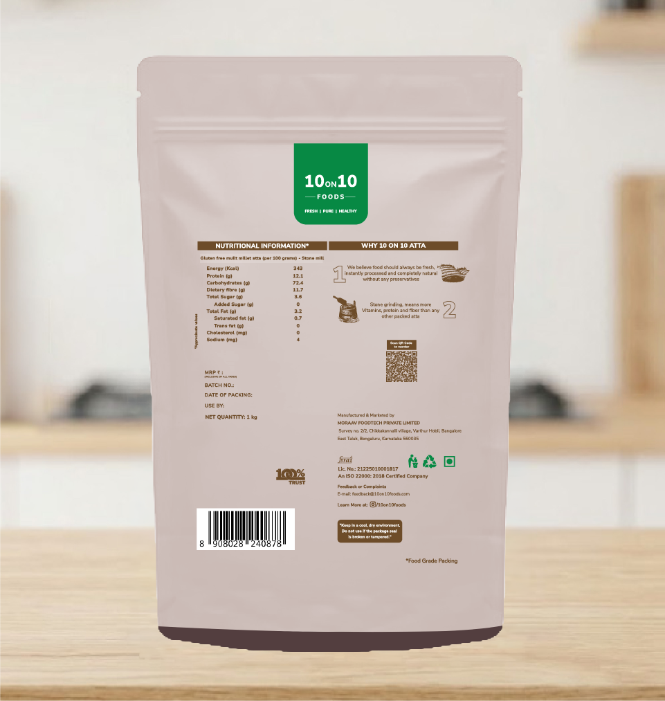 Back of pack: multi millet atta nutrition information per 100g