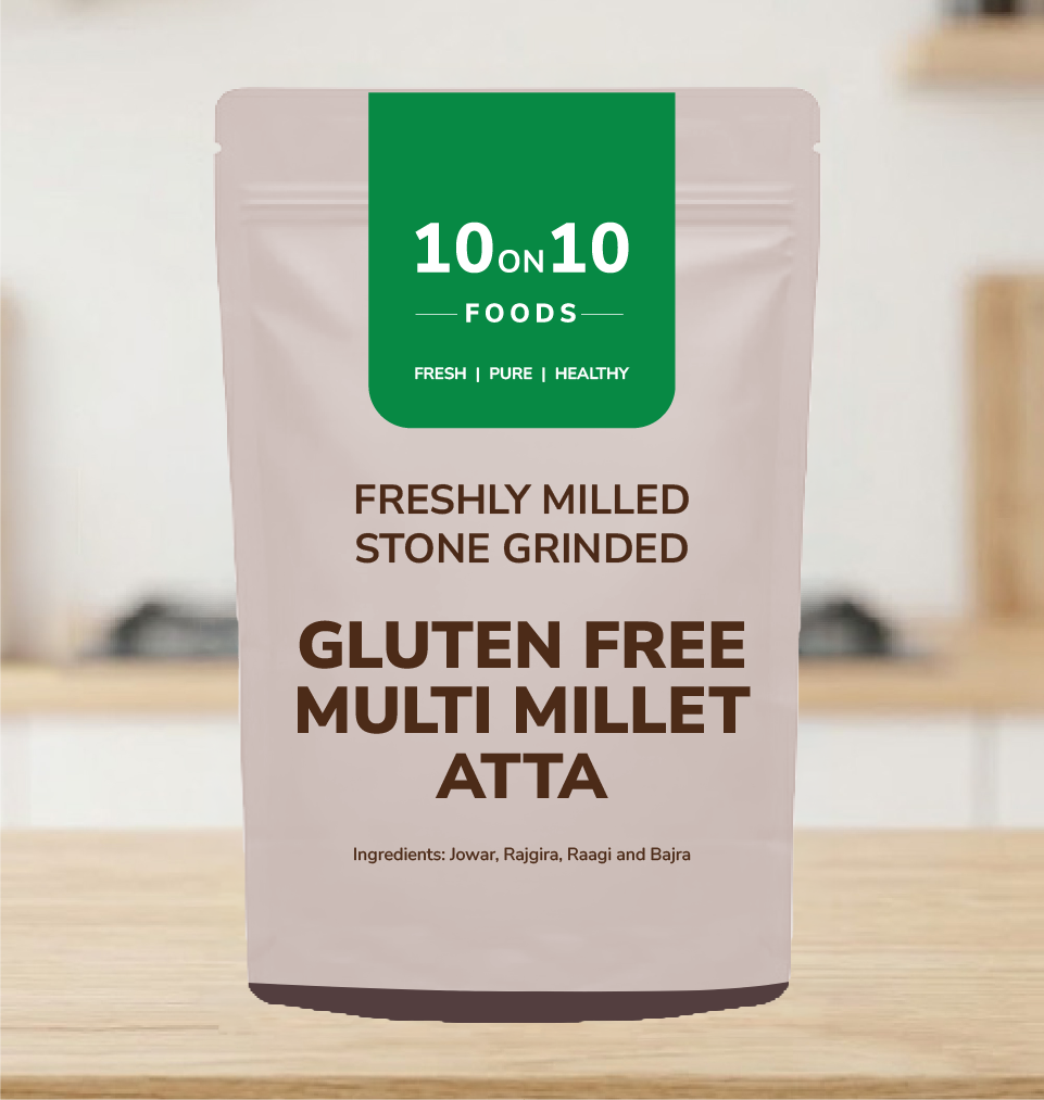 Front of 10on10 Foods Gluten Free Multi Millet Atta 500g pack