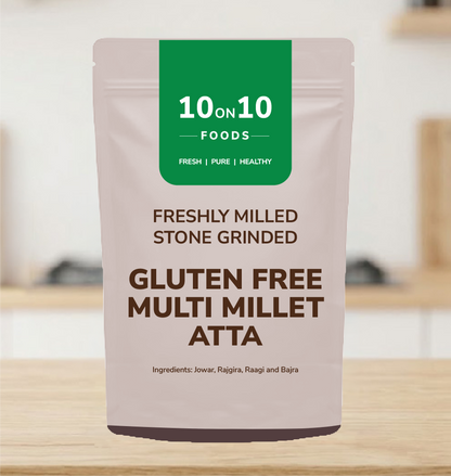 Front of 10on10 Foods Gluten Free Multi Millet Atta 500g pack