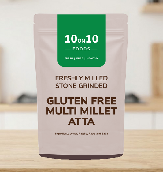 Front of 10on10 Foods Gluten Free Multi Millet Atta 500g pack