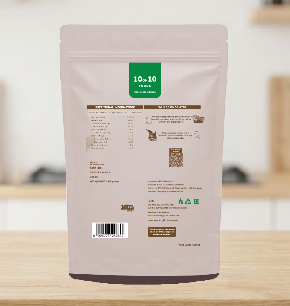 Back of 10on10 Foods Premium Sharbati Atta 500g pack showing nutrition information per 100g