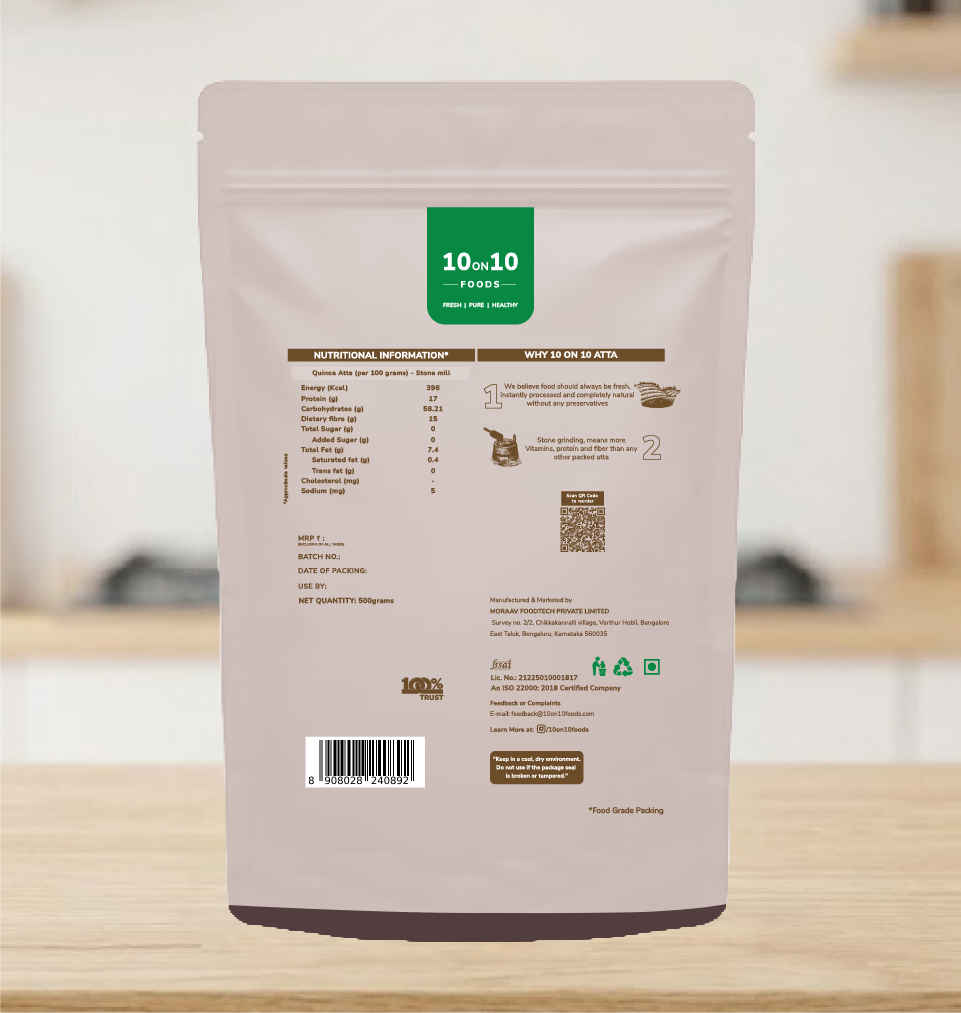 Back of pack: quinoa atta nutrition information per 100g